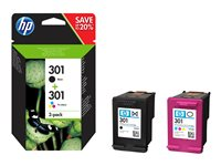 HP 301 - Pack de 2 - noir, couleur (cyan, magenta, jaune) - original - cartouche d'encre - pour Deskjet 1050A J410, 1051A J410, 10XX, 10XX J410, 15XX, 2000, 2050 J510, 2050A J510, 2054A J510, 25XX, 3000, 3050 J610, 3050A J611, 3052A J611, 3054A J611, 3055A J611, 3057A J611, 3059A J611, 3510; Envy 450X, 553X; Officejet 26XX, 46XX N9J72AE